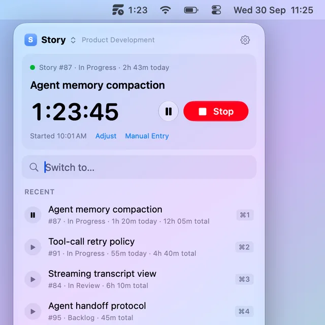 The Fibers panel open from the Mac menu bar, with a timer running on an item and the recent items under it.