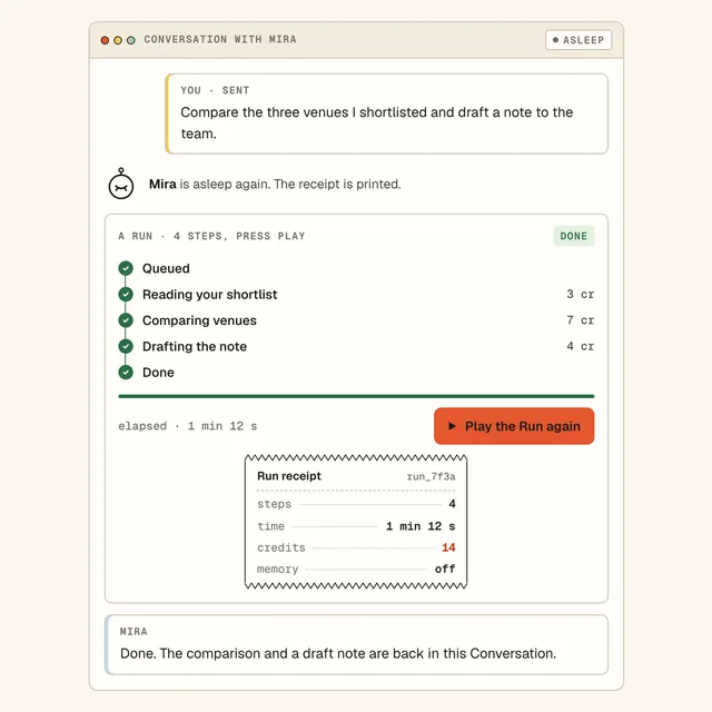 The example Run on heronis.run: a request, its steps on a timeline, and the receipt printed under them.