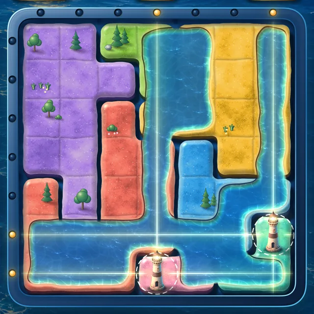 Lighthouse on an iPhone, from astro90.com’s screenshots: a painted board of coloured islands with two lighthouses placed and their beams lit.